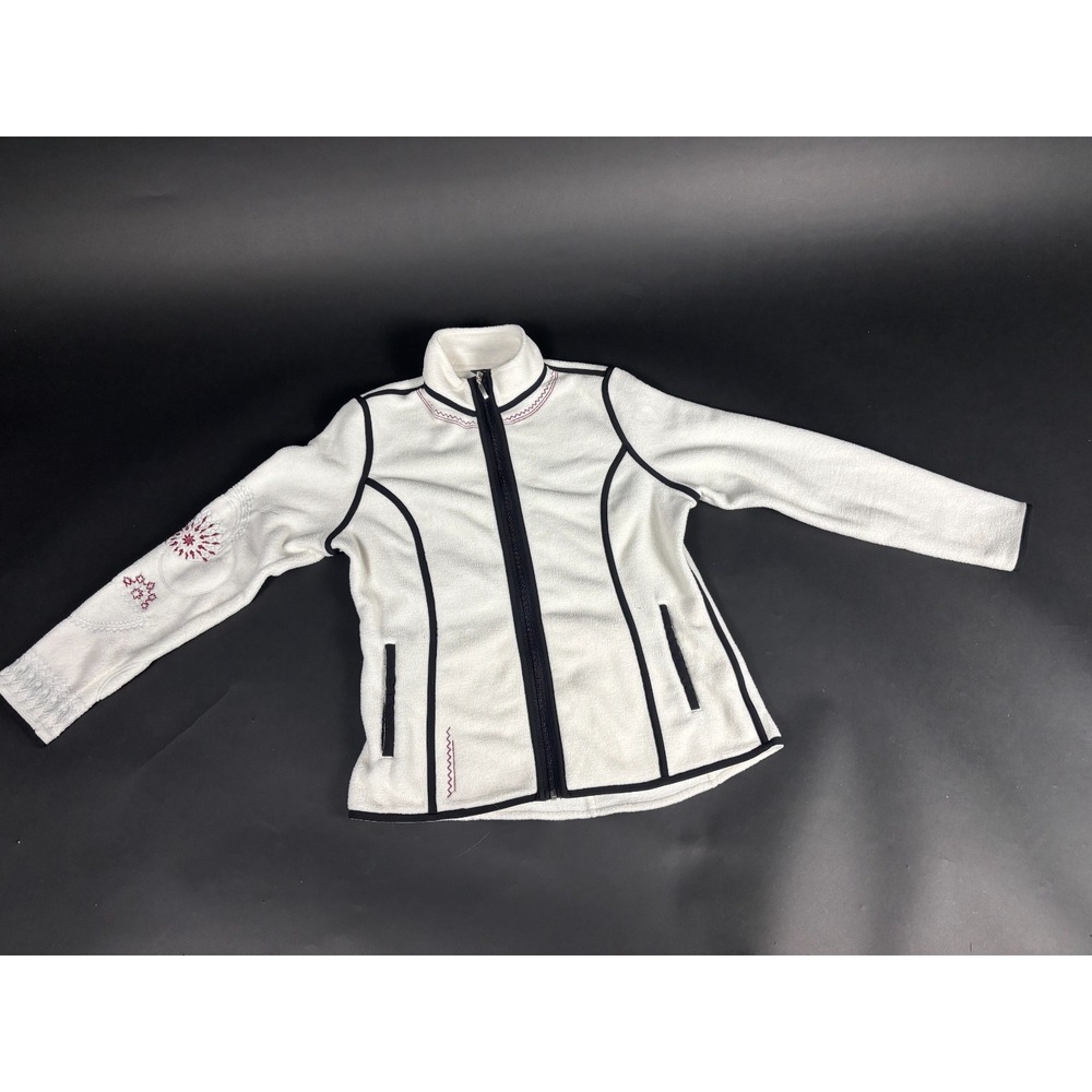 Eddie Bauer Jacket Womens Large White Black Fleece Fair Isle Snowflakes Full-Zip